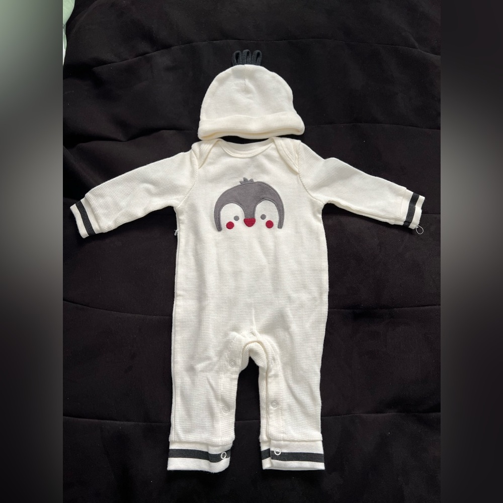 Penguin Infant Romper with Matching Beanie